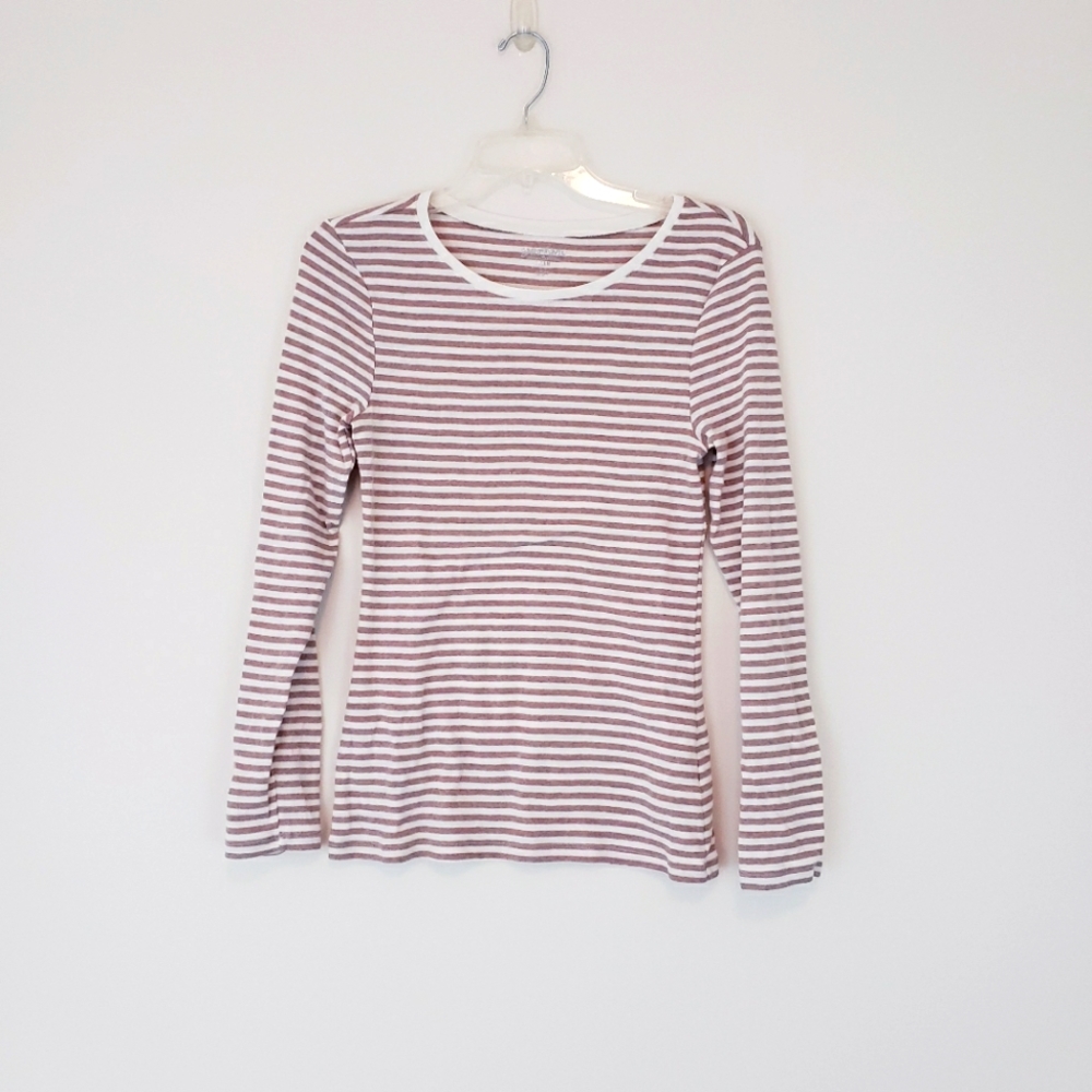 Old Navy Tan White Cream Stripe Long Sleeve Shirt Size Medium Slim Skinny